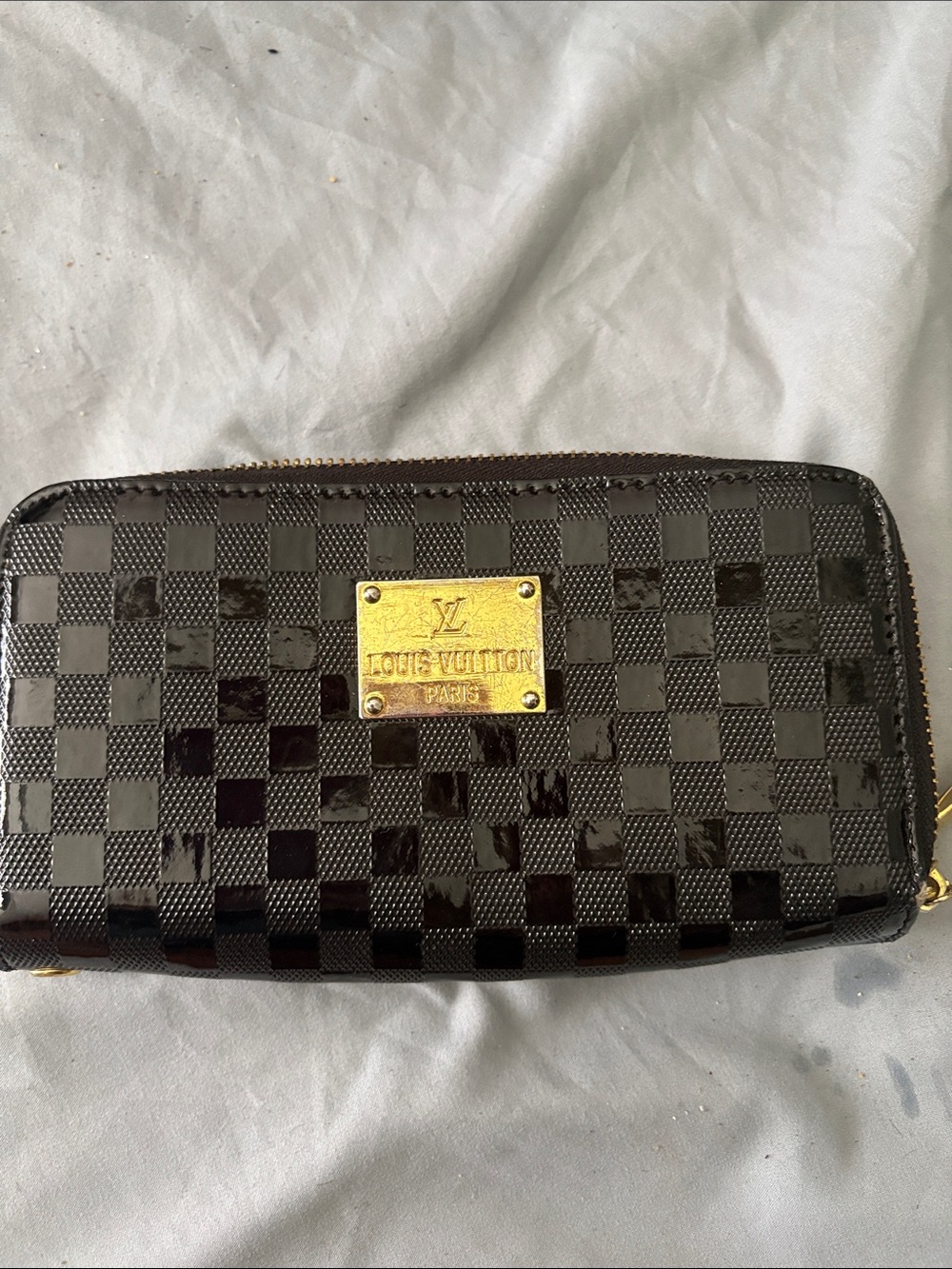 Louis Vuitton Black Patent Damier Zip Wallet with Gold Plaque